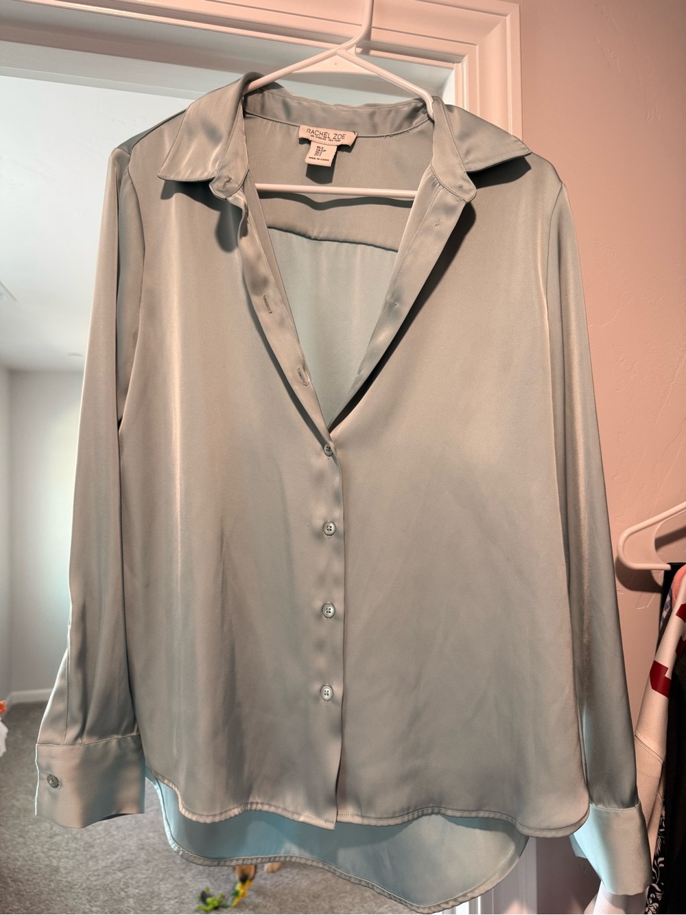 Rachel Zoe Satin Button-Down Shirt in Light Sage